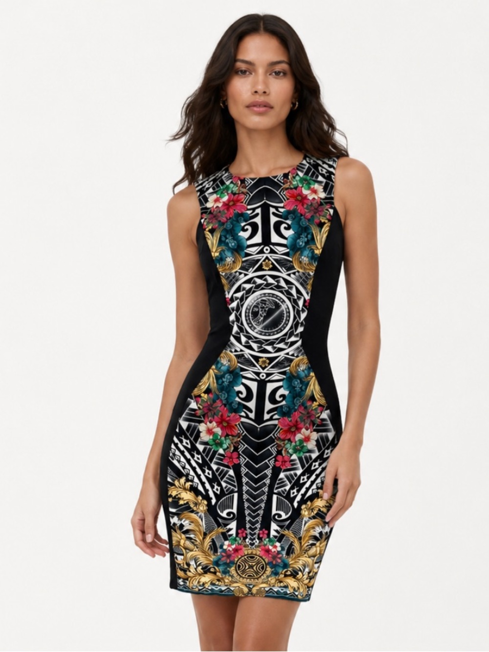 VERSACE Medusa Head Black Geometric Sleeveless Sheath Bodycon Dress Size 40